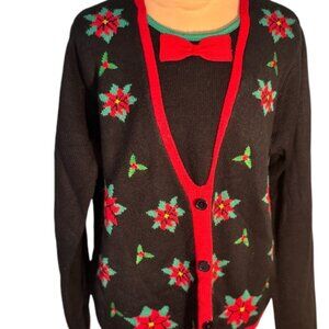 Joy Poinsette and Bow Tie Holiday Sweater Size Large
